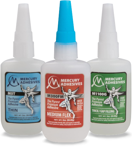 three bottles of Mercury Adhesives
